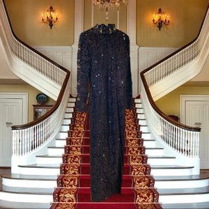 Tadashi Long Sequin Lace Dress Brick/Gold/Black